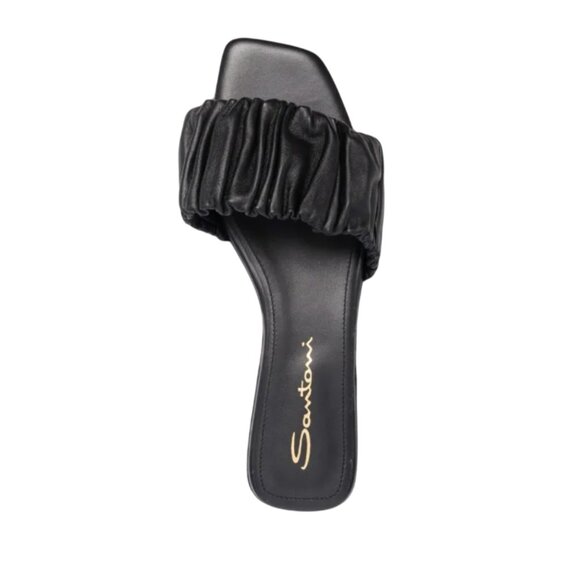 Santoni Ruched Allonge Leather Flat Sandals Womens 36 6 Black Slip On Open Toe - Picture 3 of 13